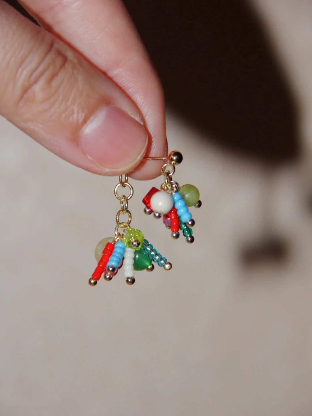 Chinoiserie Natural Jade Fireworks Beaded Earrings,Lumivault.