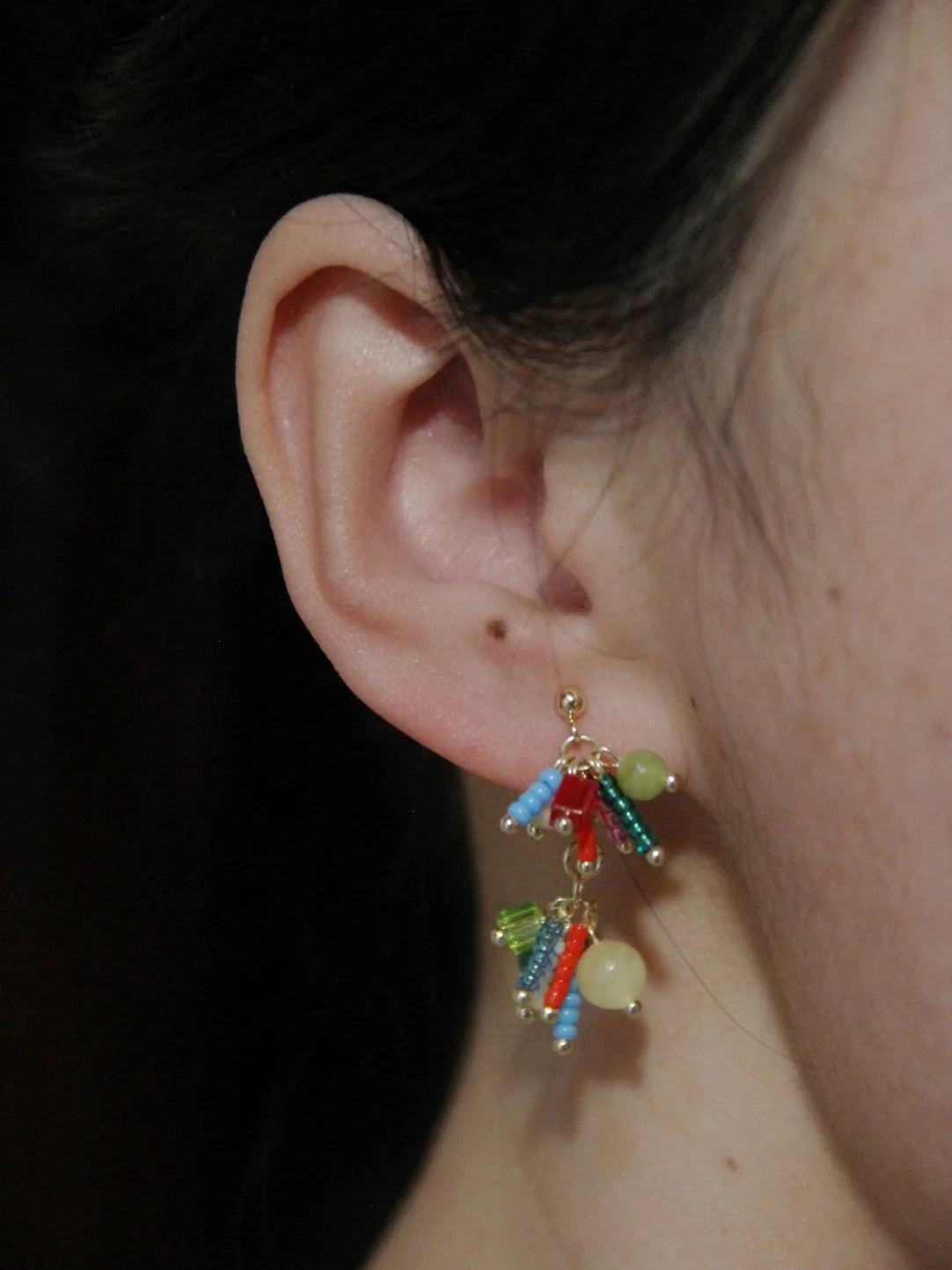 Chinoiserie Natural Jade Fireworks Beaded Earrings,Lumivault.