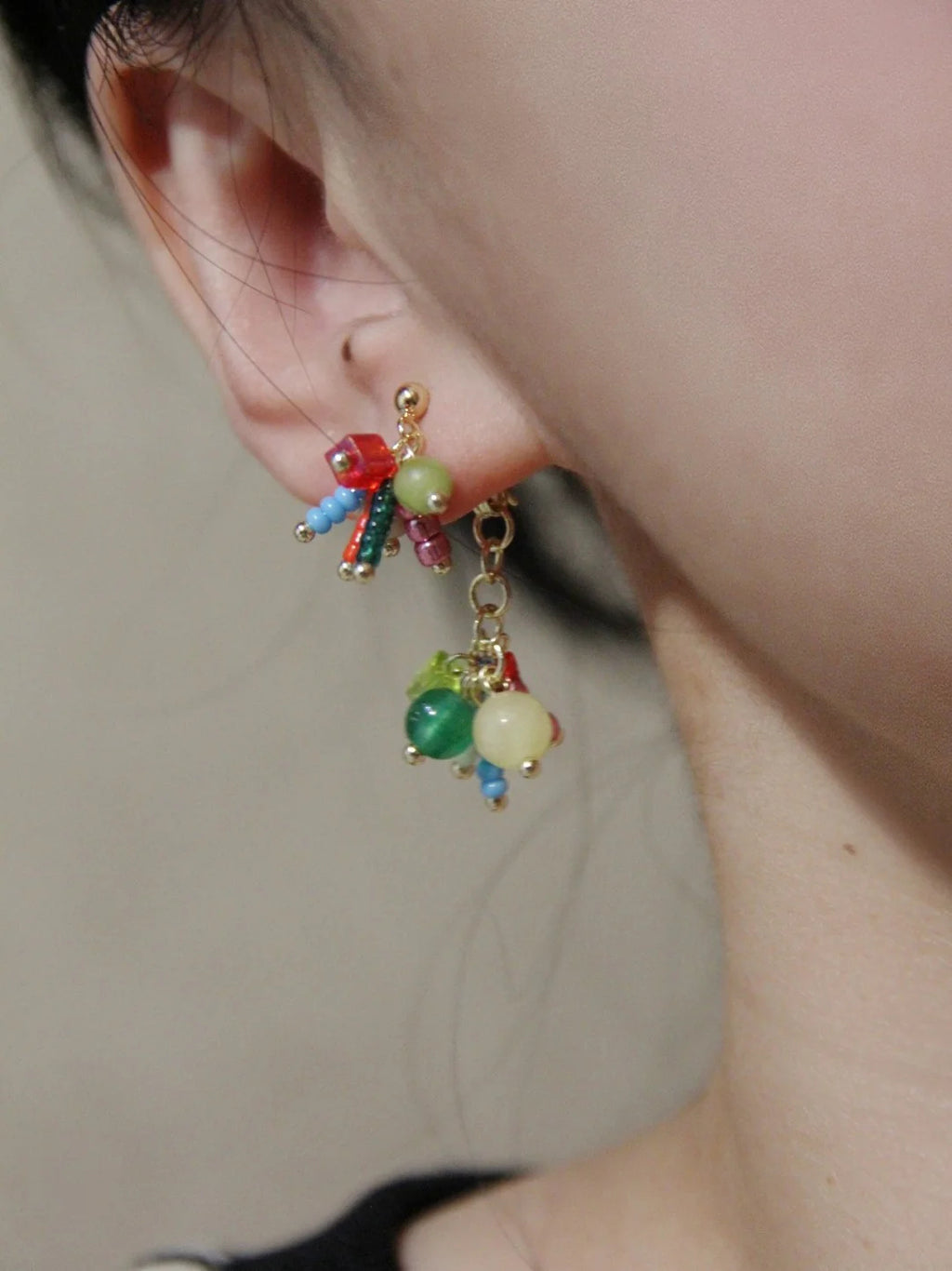 Chinoiserie Natural Jade Fireworks Beaded Earrings,Lumivault.