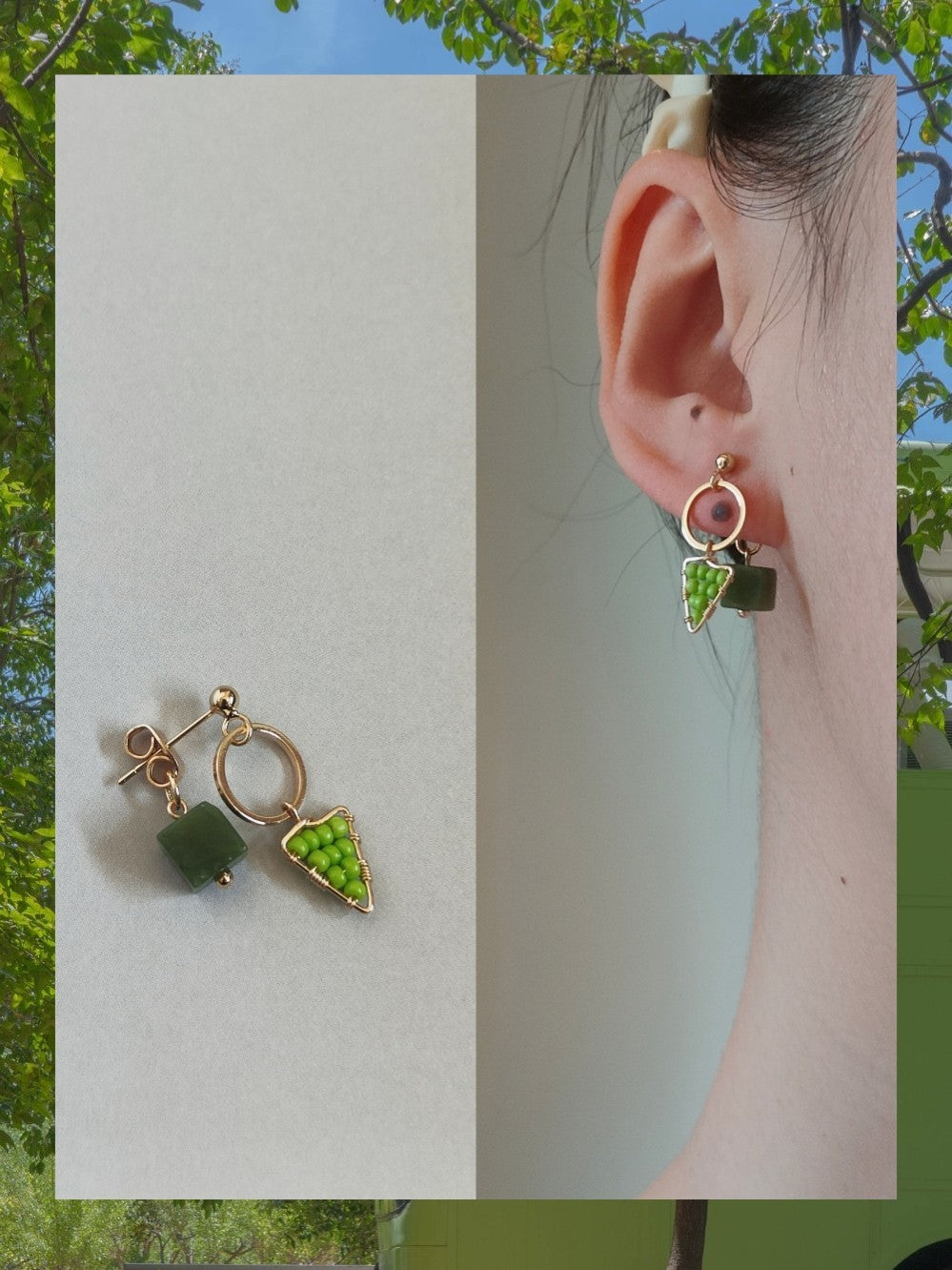 Chinoiserie Natural Jade Green Triangle Earrings,Lumivault.