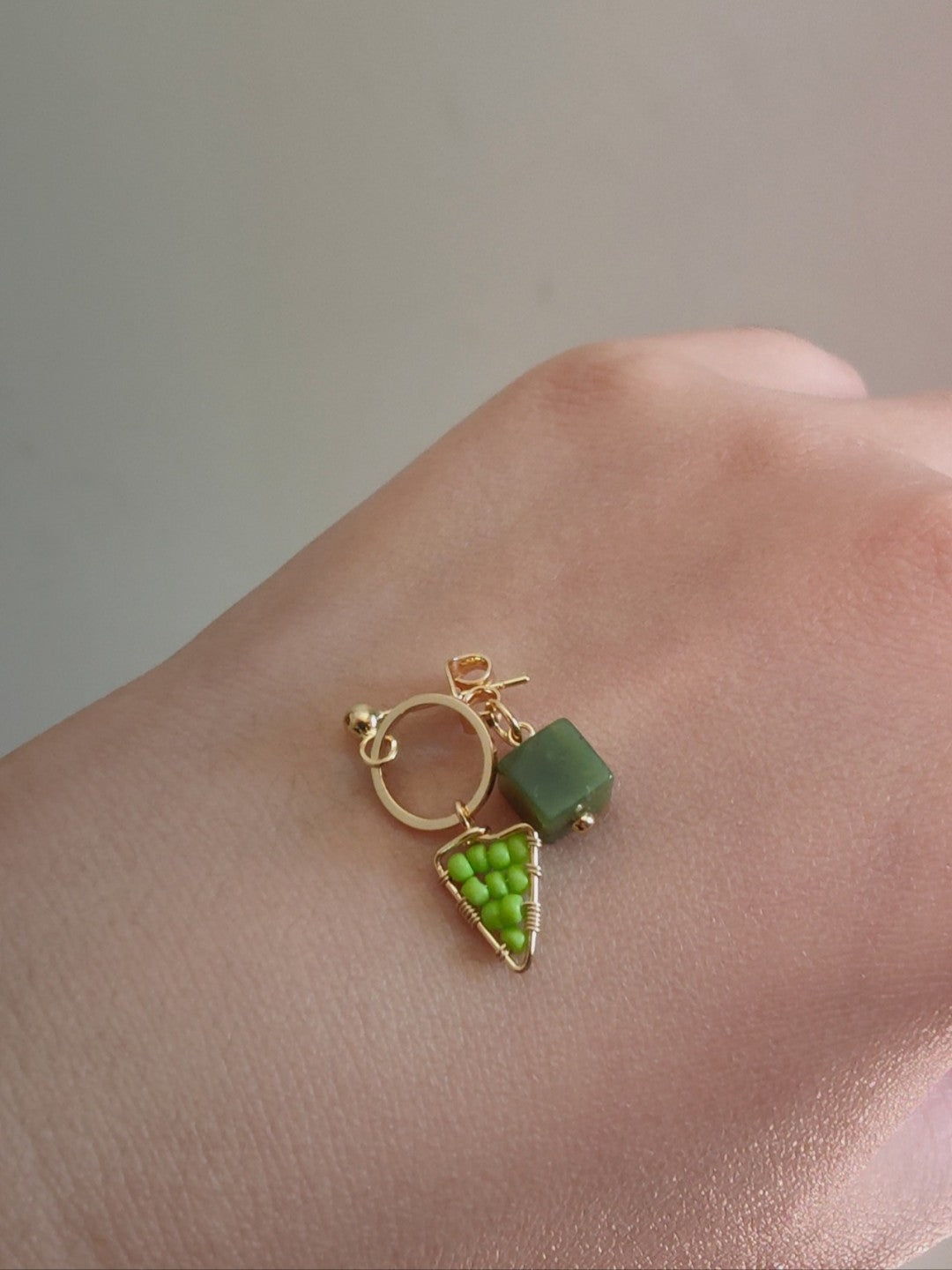 Chinoiserie Natural Jade Green Triangle Earrings,Lumivault.
