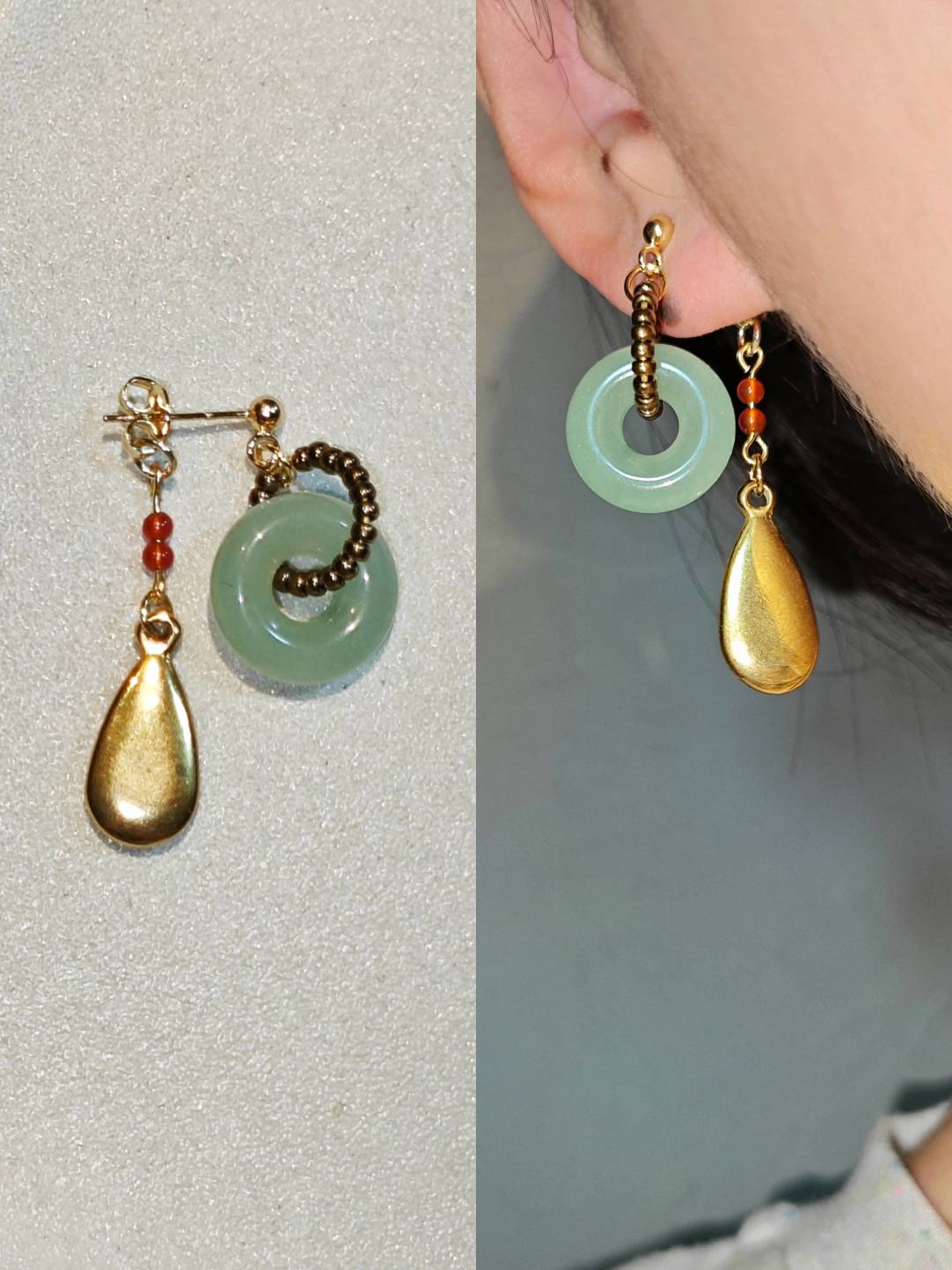 Chinoiserie Natural Jade Hoop Beaded Drop Earrings