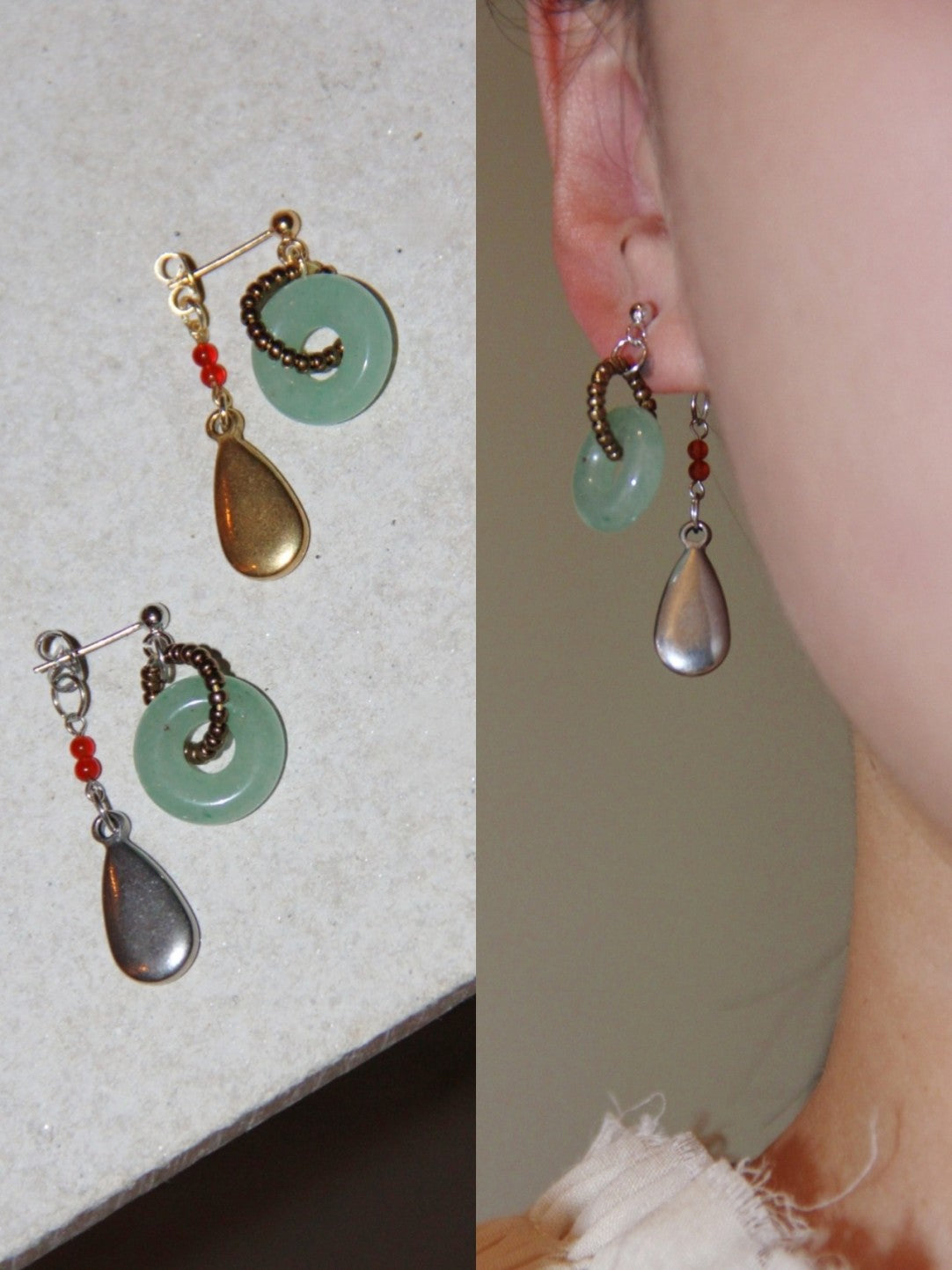 Chinoiserie Natural Jade Hoop Beaded Drop Earrings