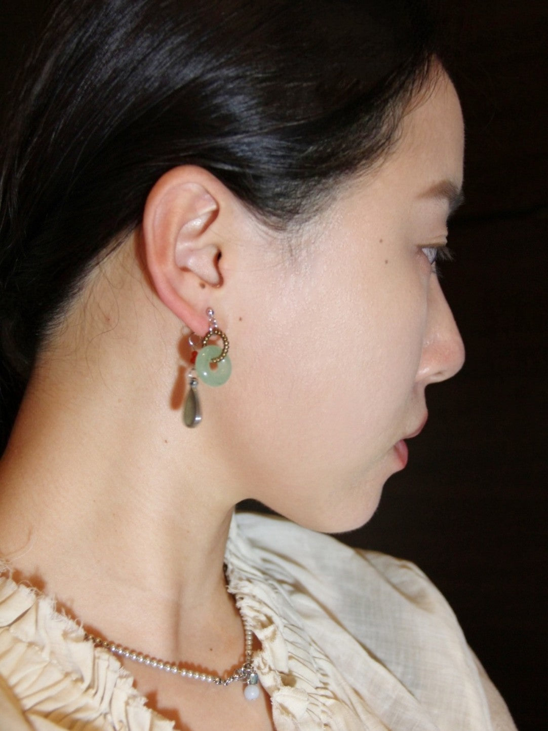 Chinoiserie Natural Jade Hoop Beaded Drop Earrings,Lumivault.