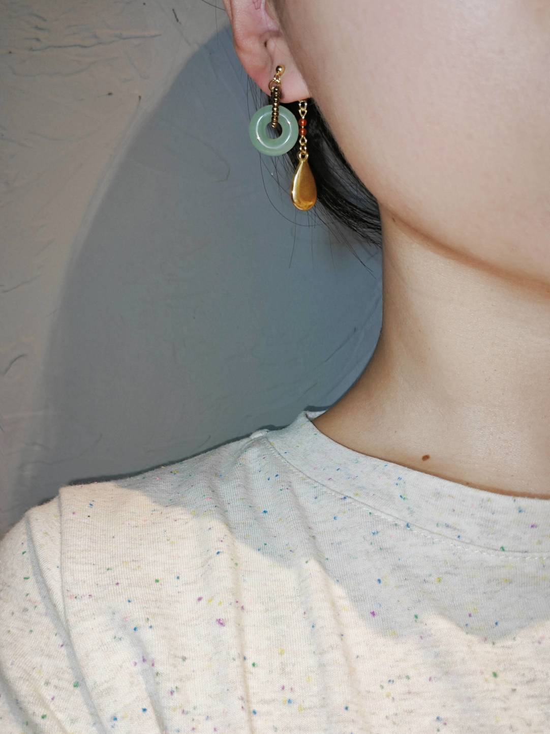 Chinoiserie Natural Jade Hoop Beaded Drop Earrings