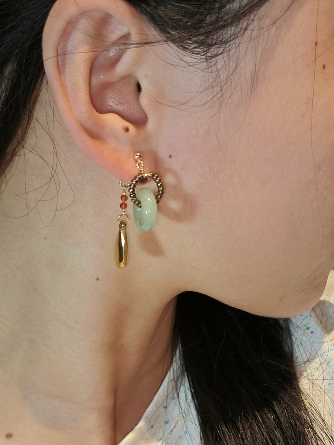 Chinoiserie Natural Jade Hoop Beaded Drop Earrings