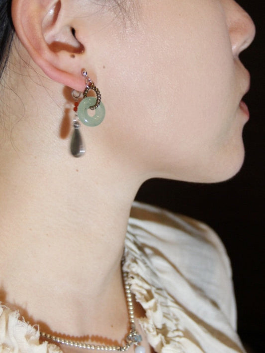 Chinoiserie Natural Jade Hoop Beaded Drop Earrings