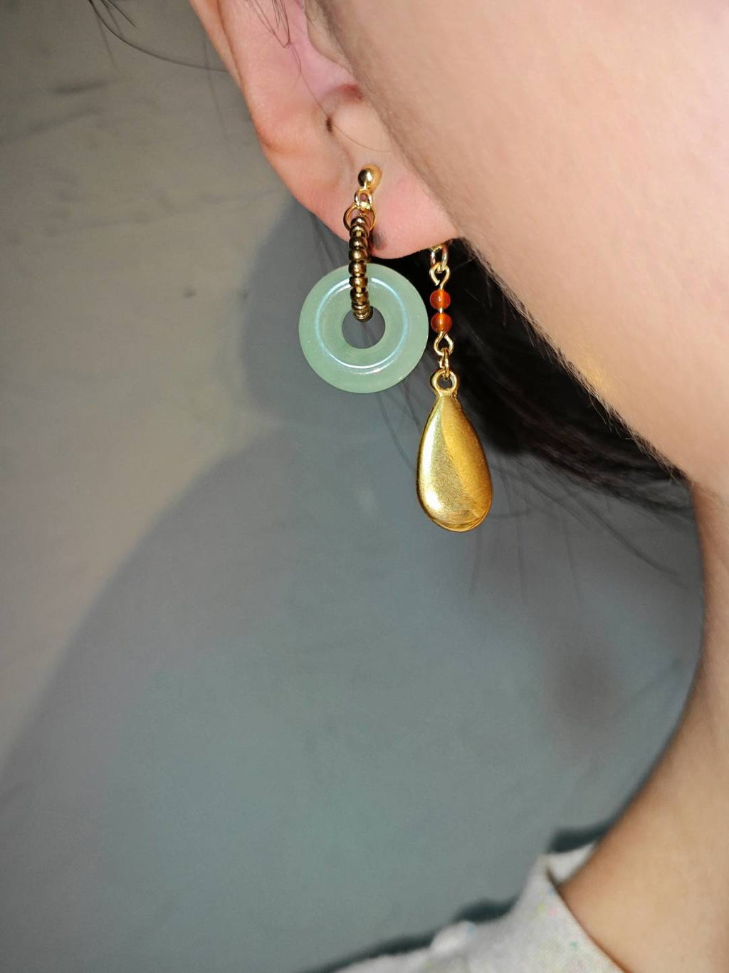Chinoiserie Natural Jade Hoop Beaded Drop Earrings,Lumivault.