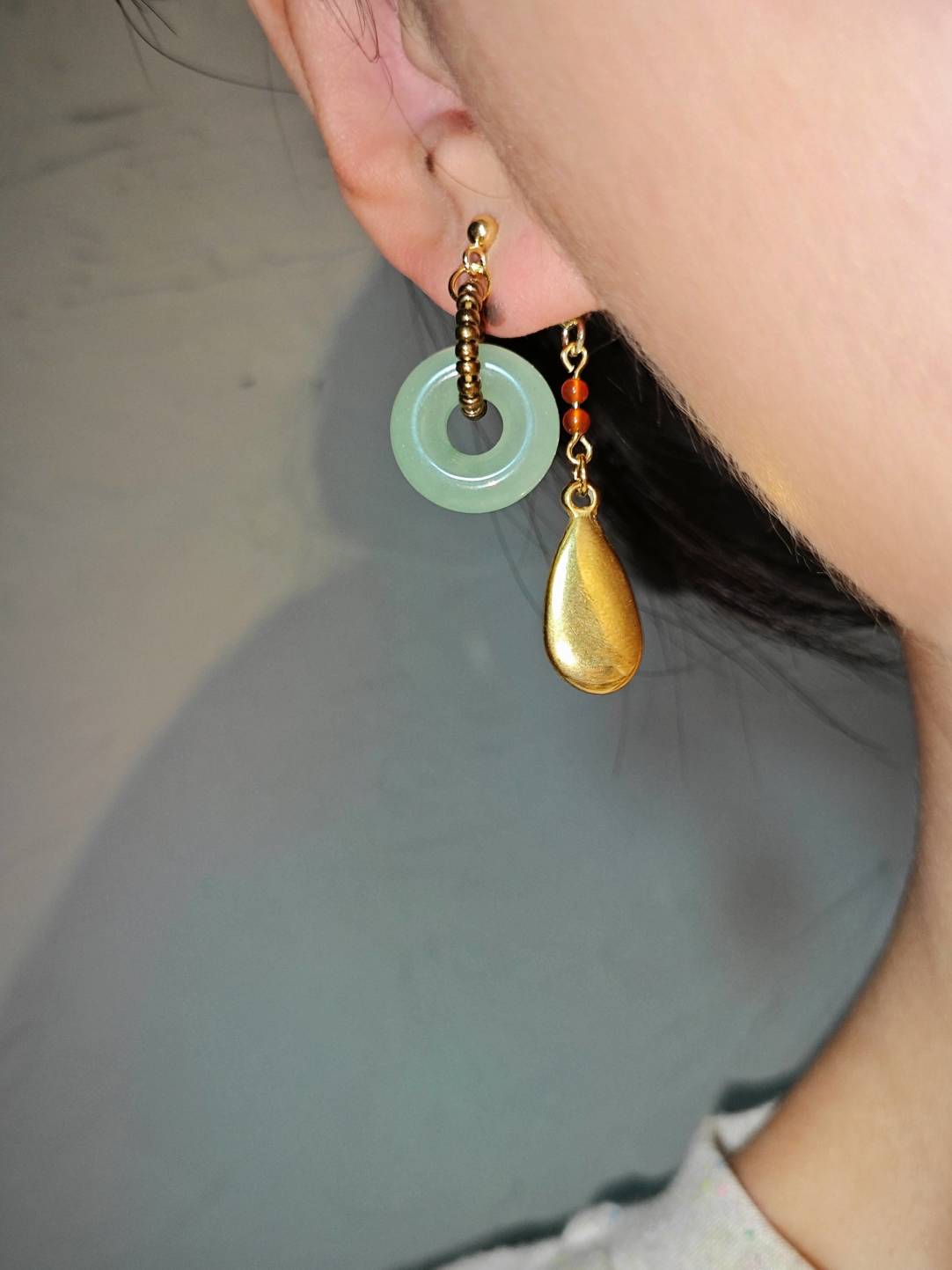 Chinoiserie Natural Jade Hoop Beaded Drop Earrings