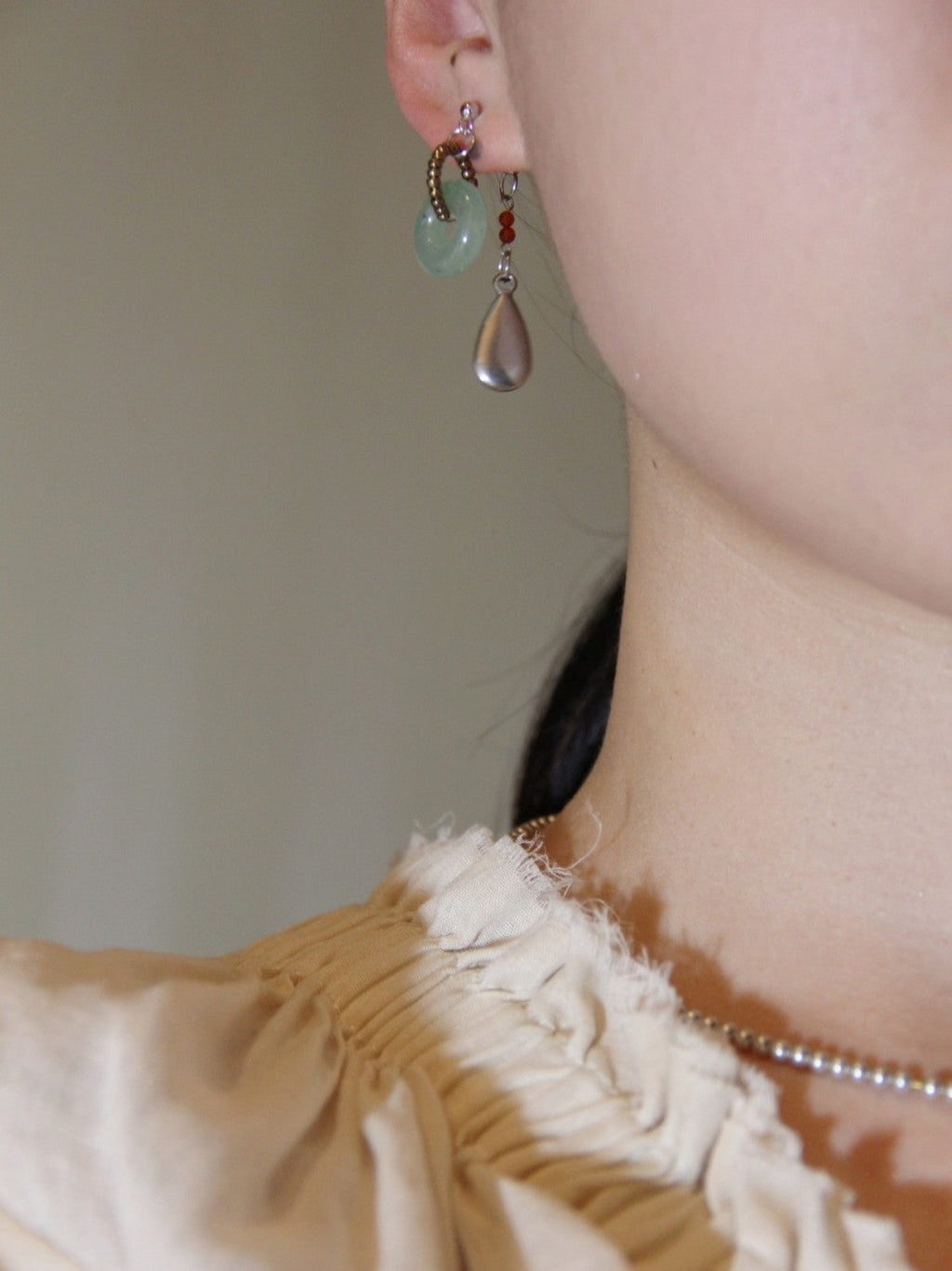 Chinoiserie Natural Jade Hoop Beaded Drop Earrings,Lumivault.