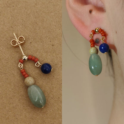 Chinoiserie Natural Jade Lazuli Dangle Earrings