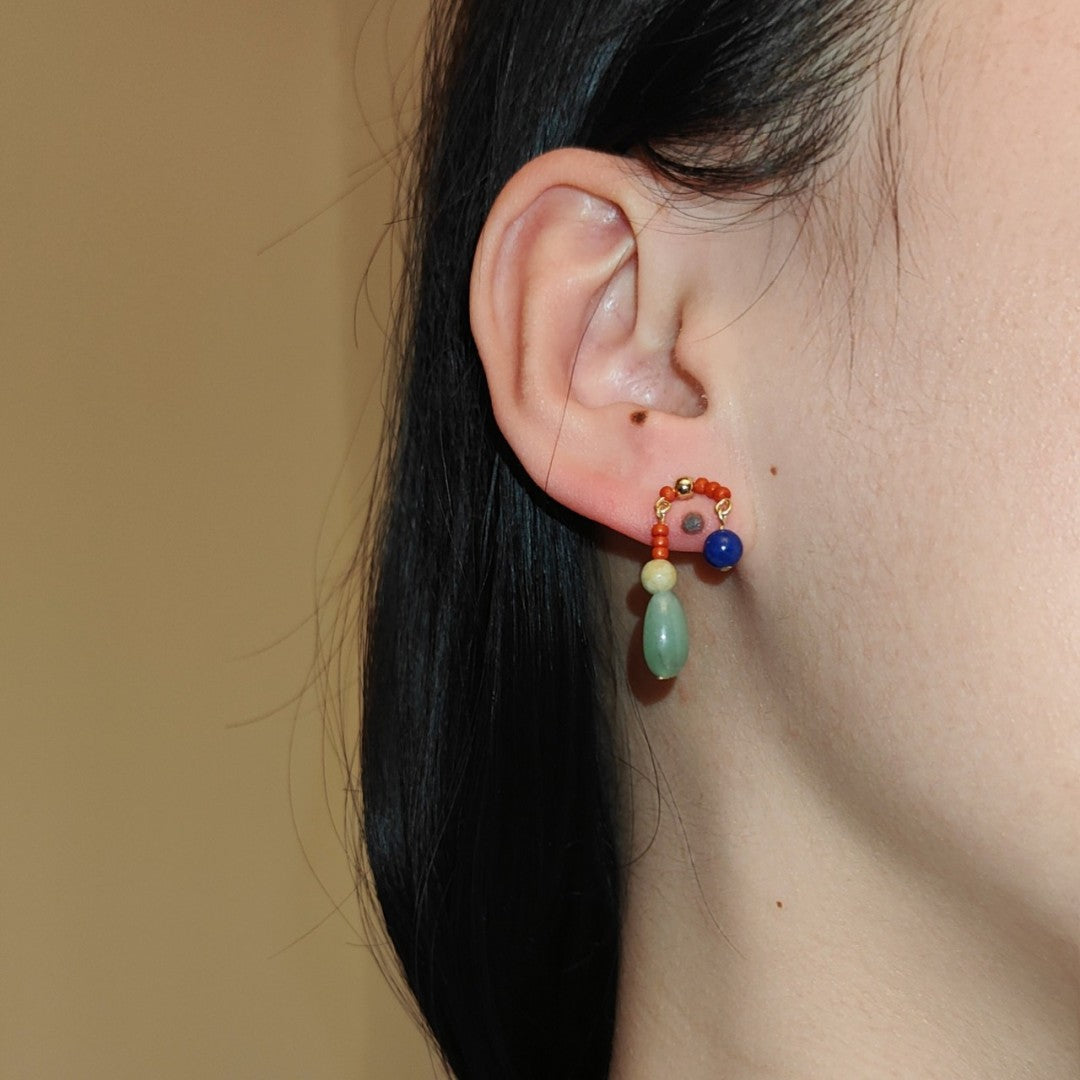 Chinoiserie Natural Jade Lazuli Dangle Earrings,Lumivault.