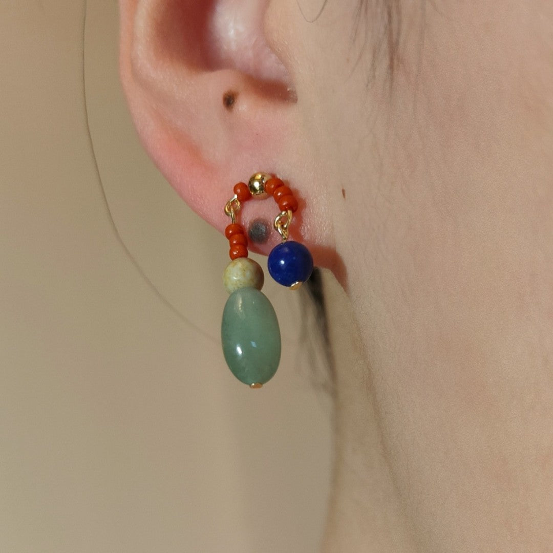 Chinoiserie Natural Jade Lazuli Dangle Earrings,Lumivault.