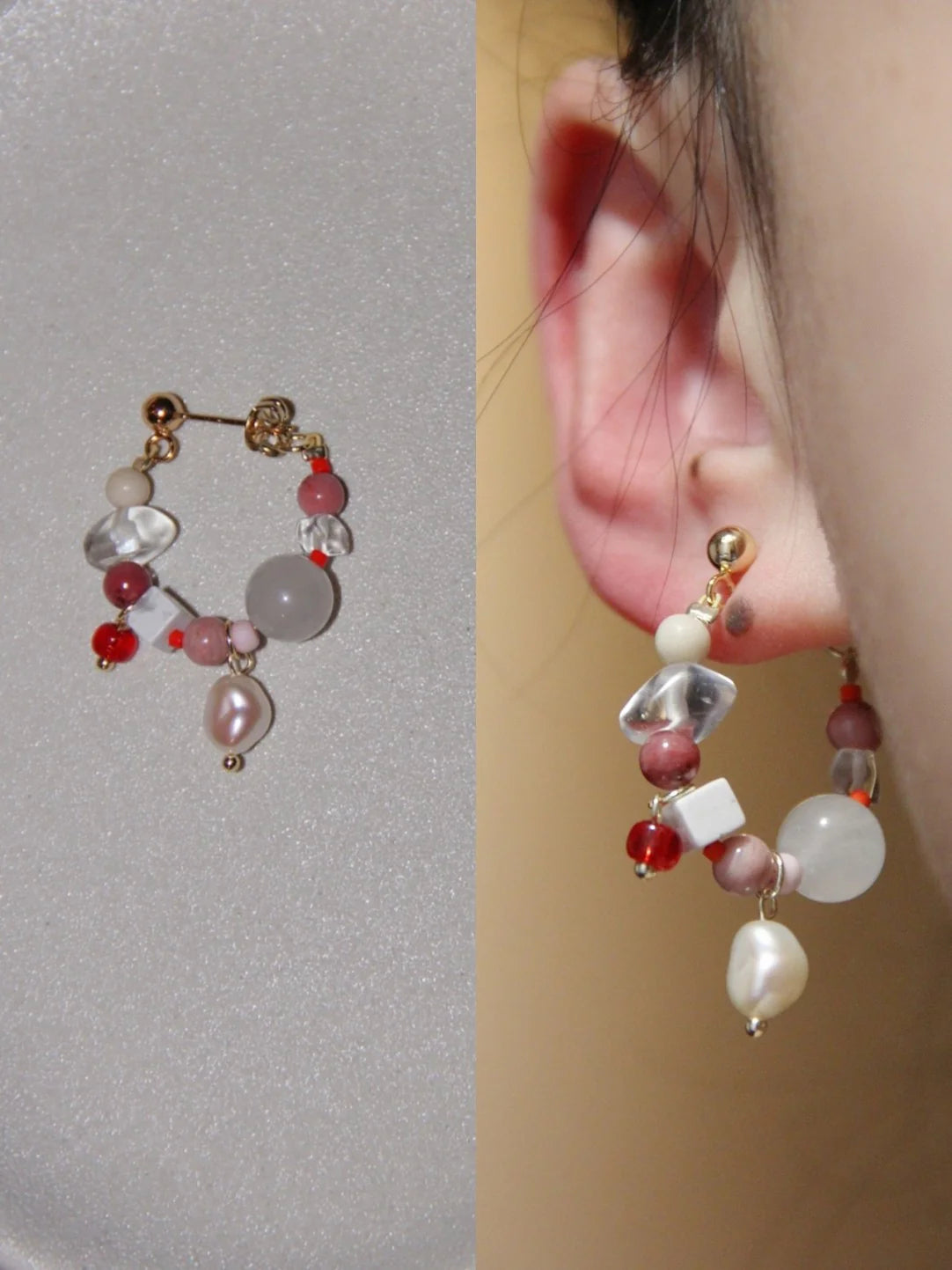 Chinoiserie Natural Jade Pink Ballet Girl Asymmetrical Earrings
