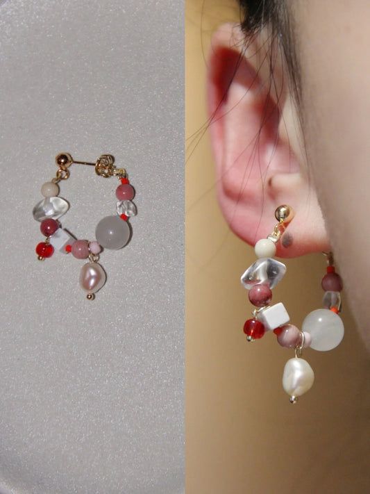 Chinoiserie Natural Jade Pink Ballet Girl Asymmetrical Earrings