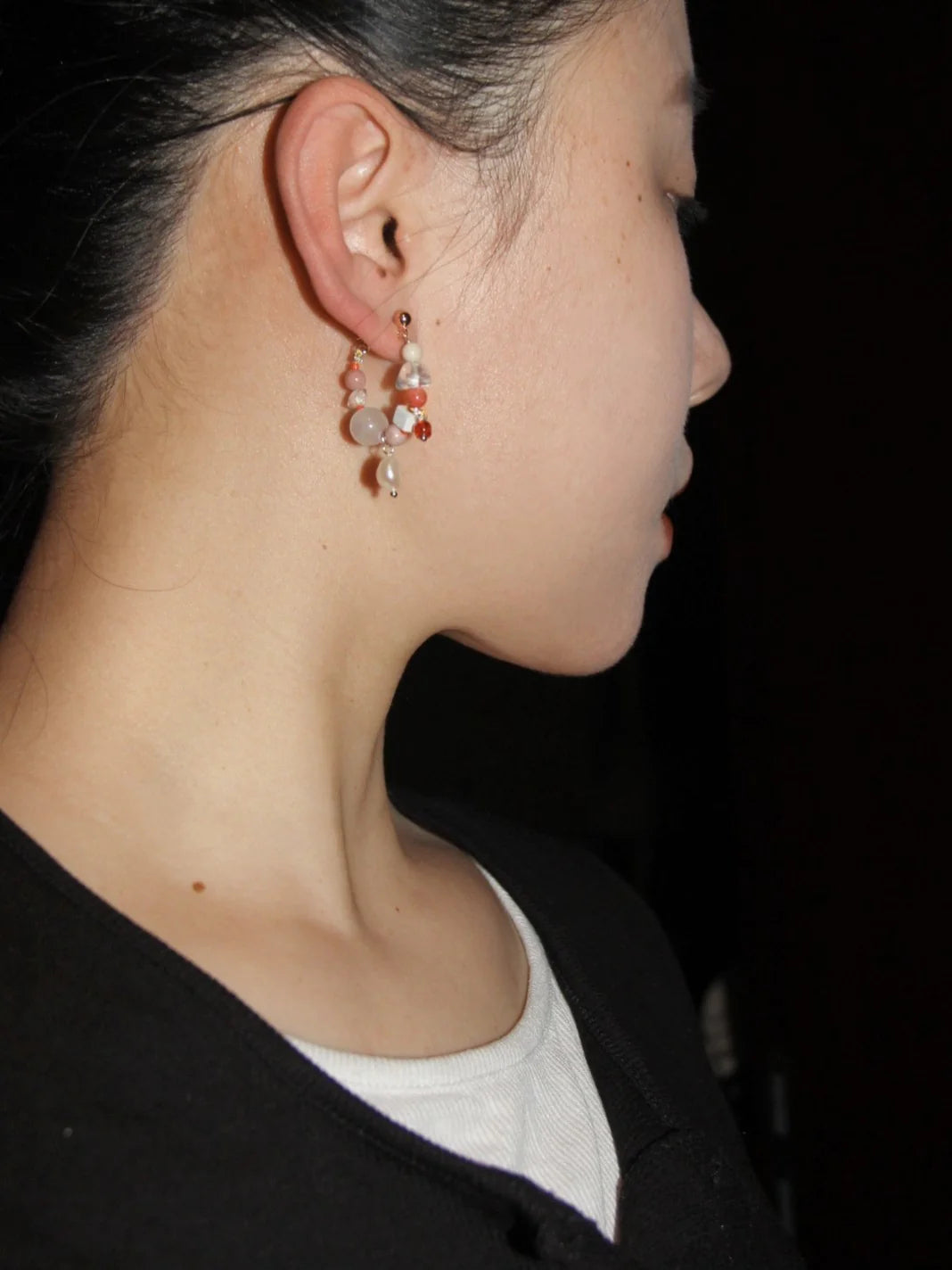 Chinoiserie Natural Jade Pink Ballet Girl Asymmetrical Earrings