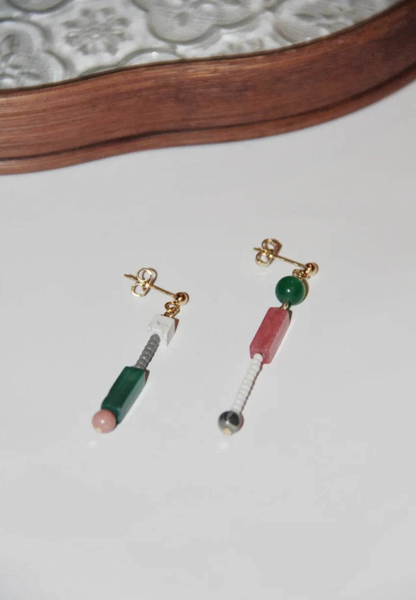 Chinoiserie Natural Jade Pink Peach Asymmetry Beaded Earrings