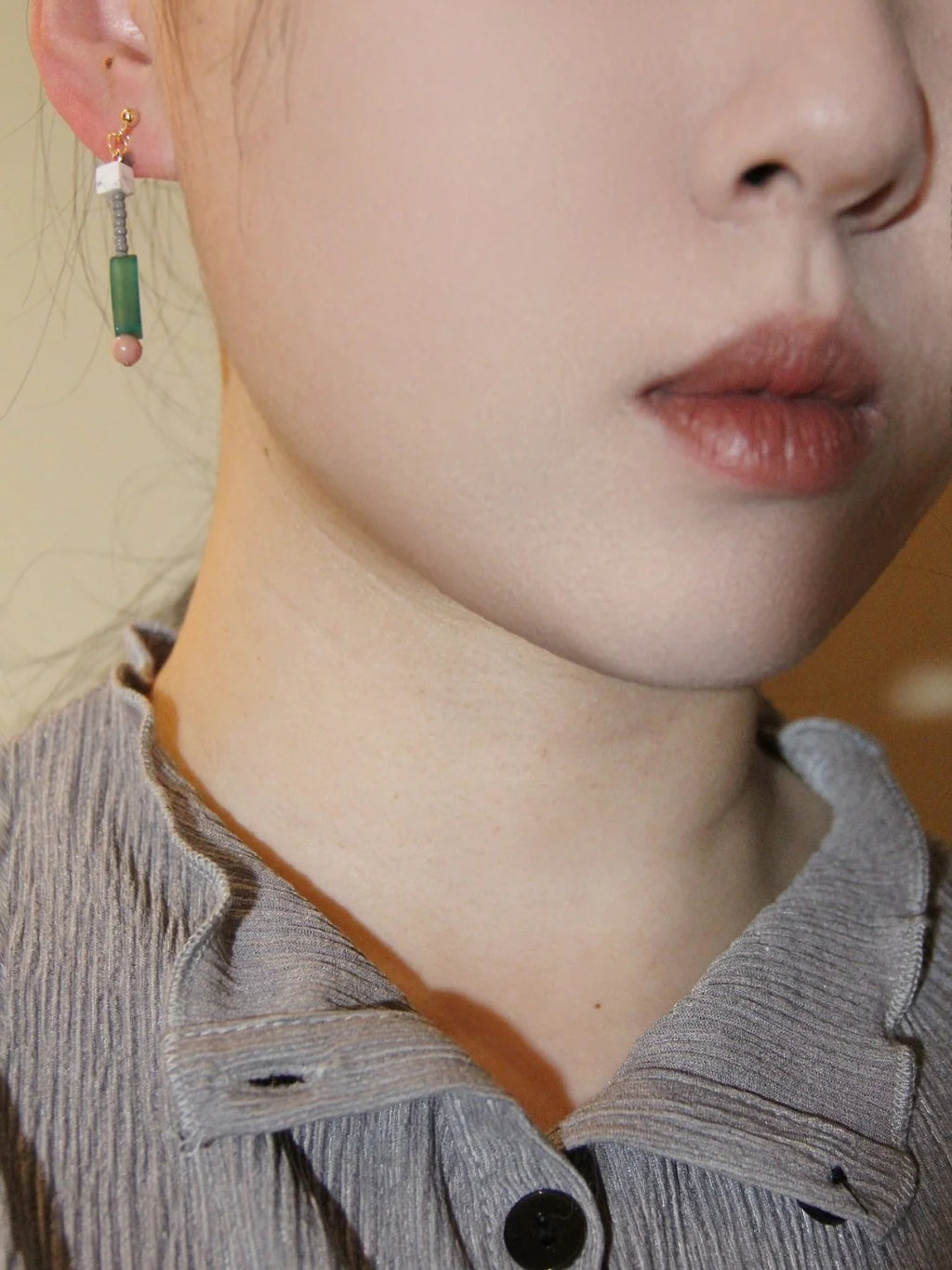 Chinoiserie Natural Jade Pink Peach Asymmetry Beaded Earrings,Lumivault.