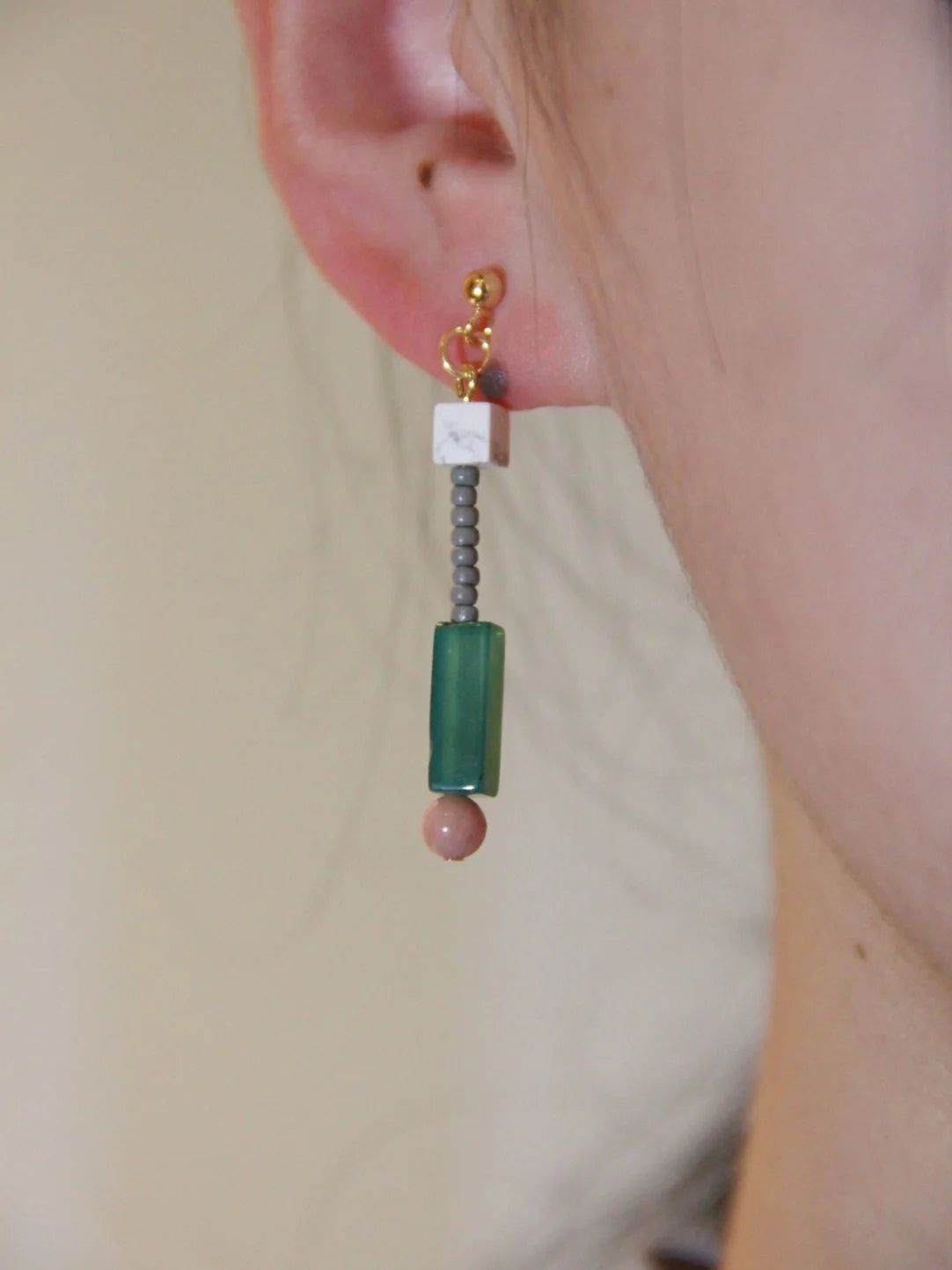 Chinoiserie Natural Jade Pink Peach Asymmetry Beaded Earrings,Lumivault.