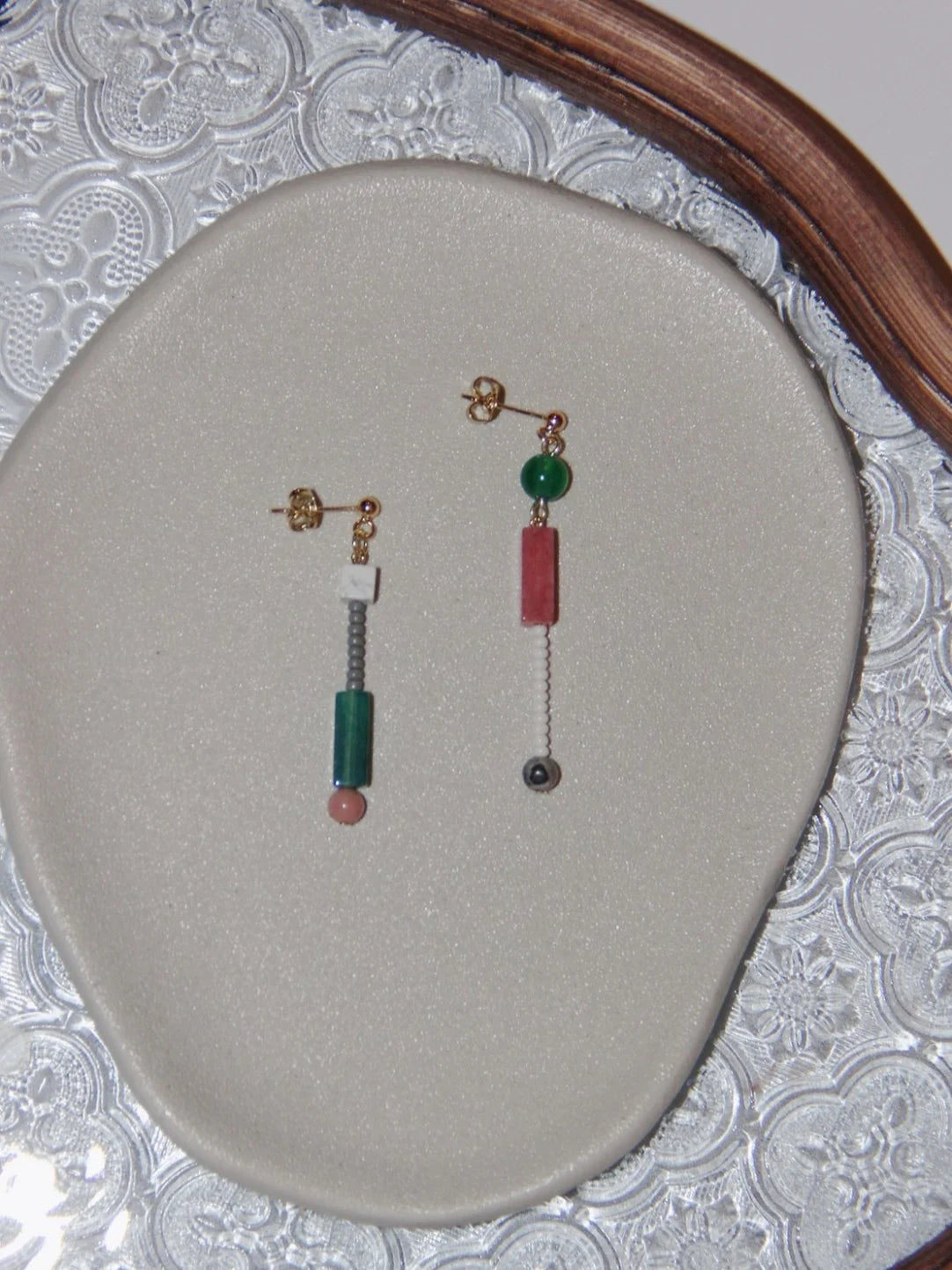 Chinoiserie Natural Jade Pink Peach Asymmetry Beaded Earrings,Lumivault.