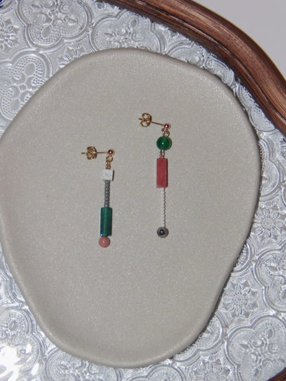 Chinoiserie Natural Jade Pink Peach Asymmetry Beaded Earrings