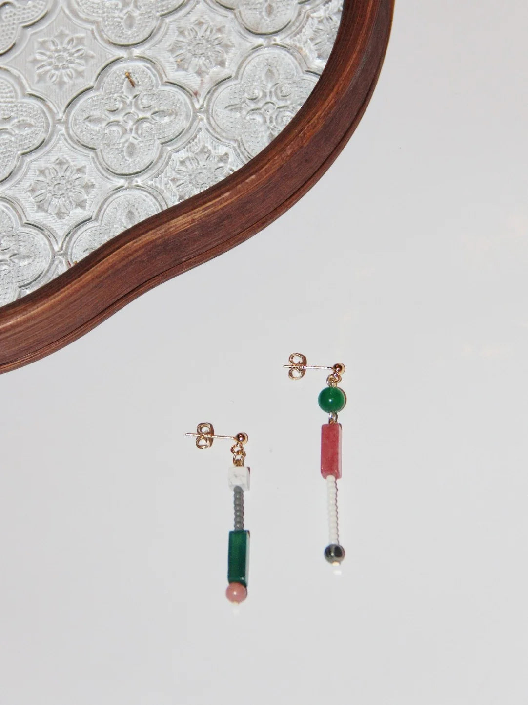 Chinoiserie Natural Jade Pink Peach Asymmetry Beaded Earrings,Lumivault.