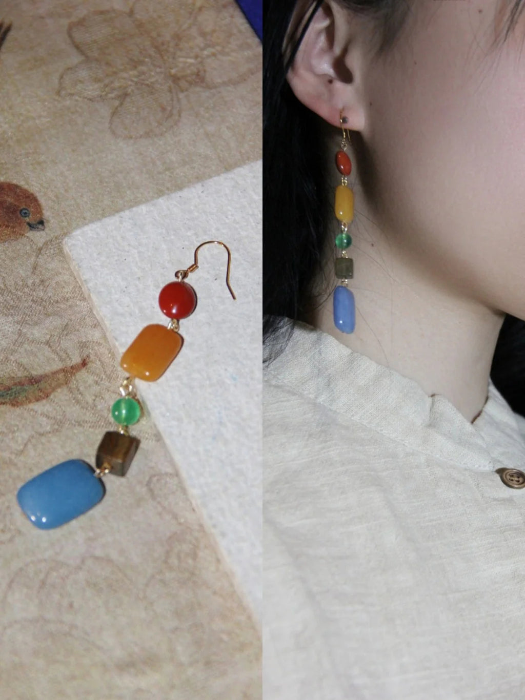 Chinoiserie Natural Jade Rainbow Candy Drop Earrings,Lumivault.