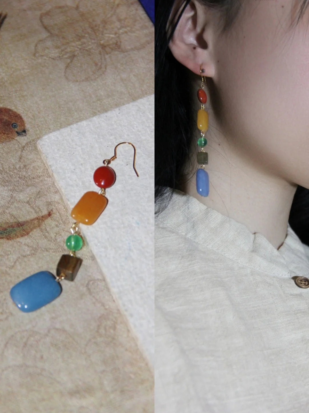 Chinoiserie Natural Jade Rainbow Candy Drop Earrings,Lumivault.
