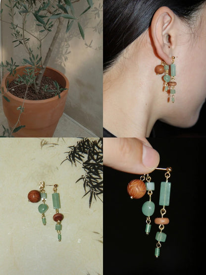 Chinoiserie Natural Jade Sandalwood Beaded Dangle Earrings