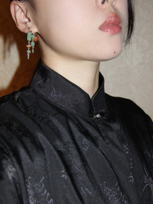 Chinoiserie Natural Jade Sandalwood Beaded Dangle Earrings