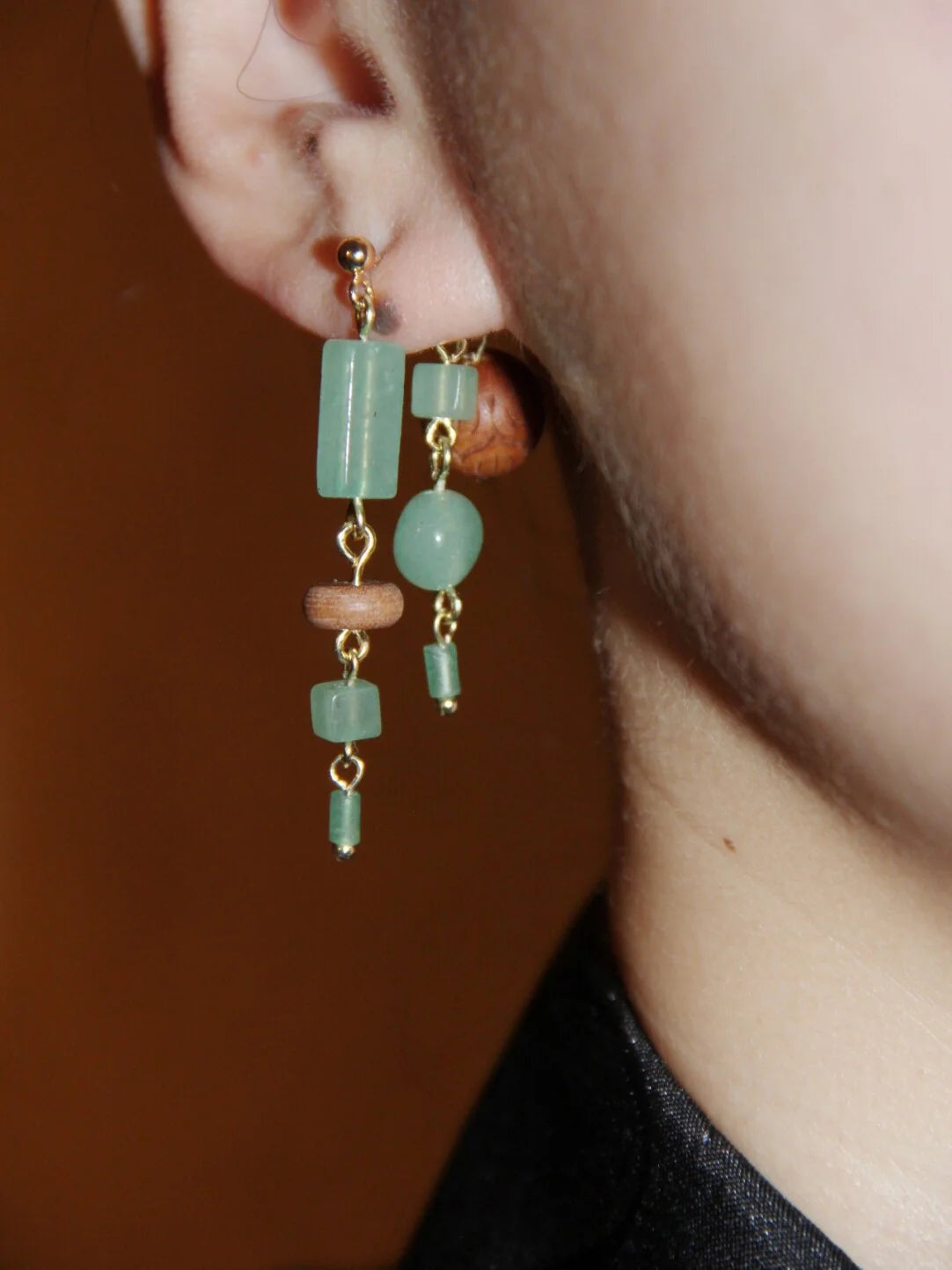 Chinoiserie Natural Jade Sandalwood Beaded Dangle Earrings,Lumivault.