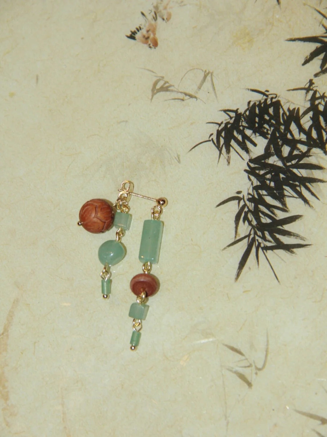 Chinoiserie Natural Jade Sandalwood Beaded Dangle Earrings,Lumivault.
