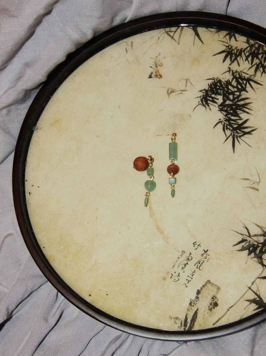 Chinoiserie Natural Jade Sandalwood Beaded Dangle Earrings