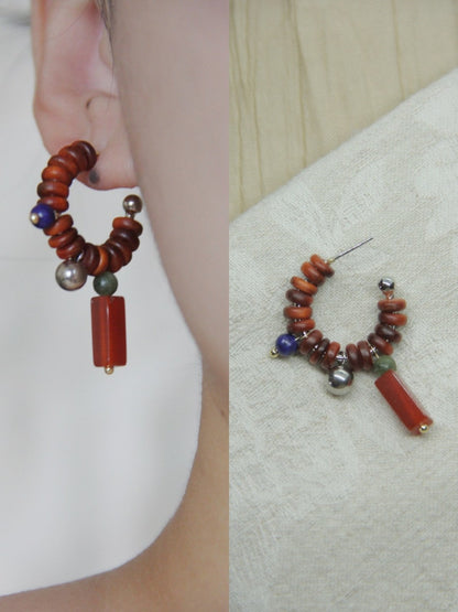 Chinoiserie Natural Jade Sandalwood Beaded Hoop Earrings