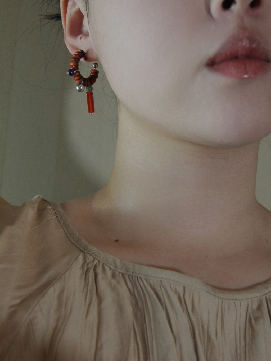 Chinoiserie Natural Jade Sandalwood Beaded Hoop Earrings,Lumivault.