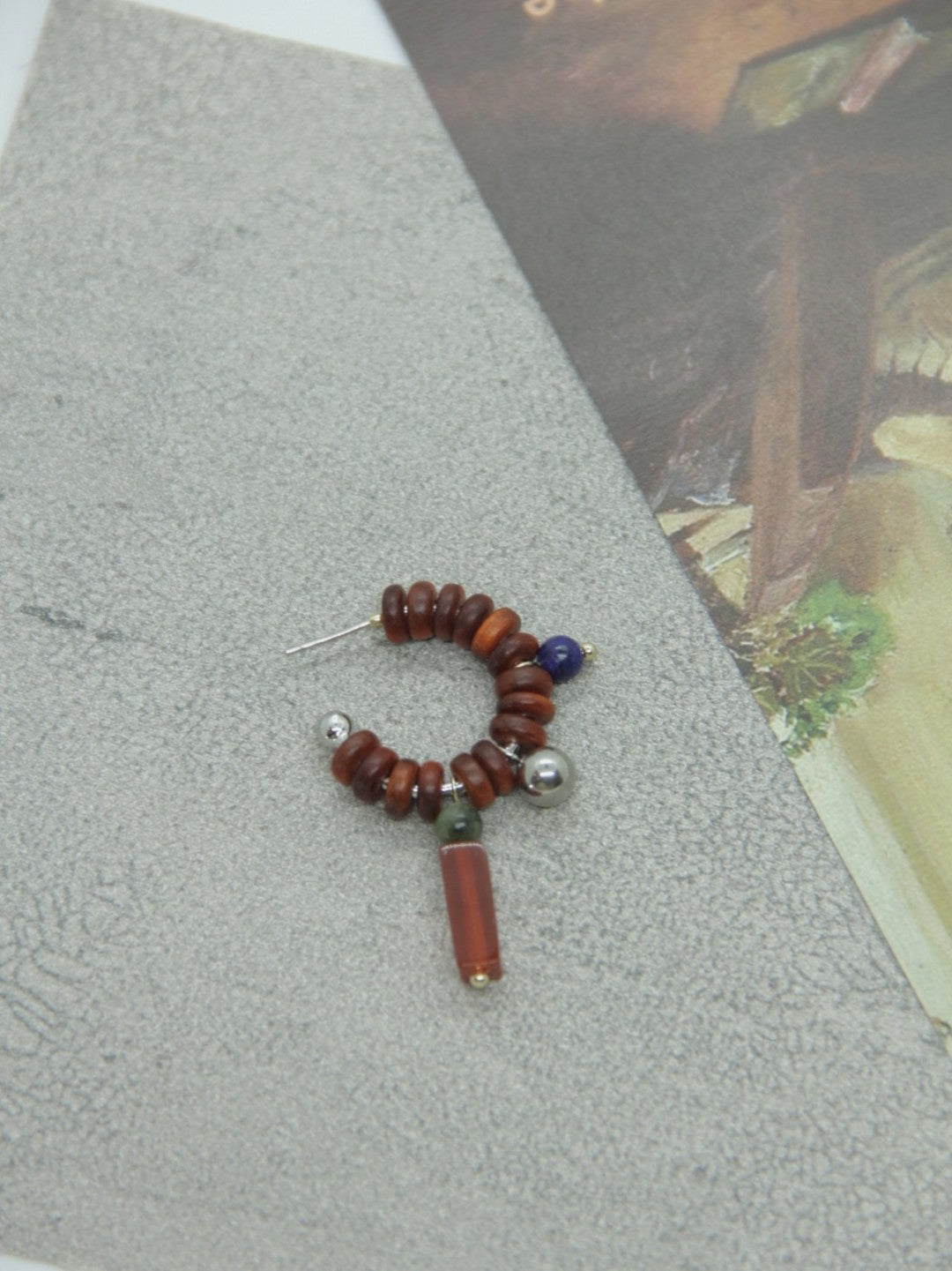 Chinoiserie Natural Jade Sandalwood Beaded Hoop Earrings