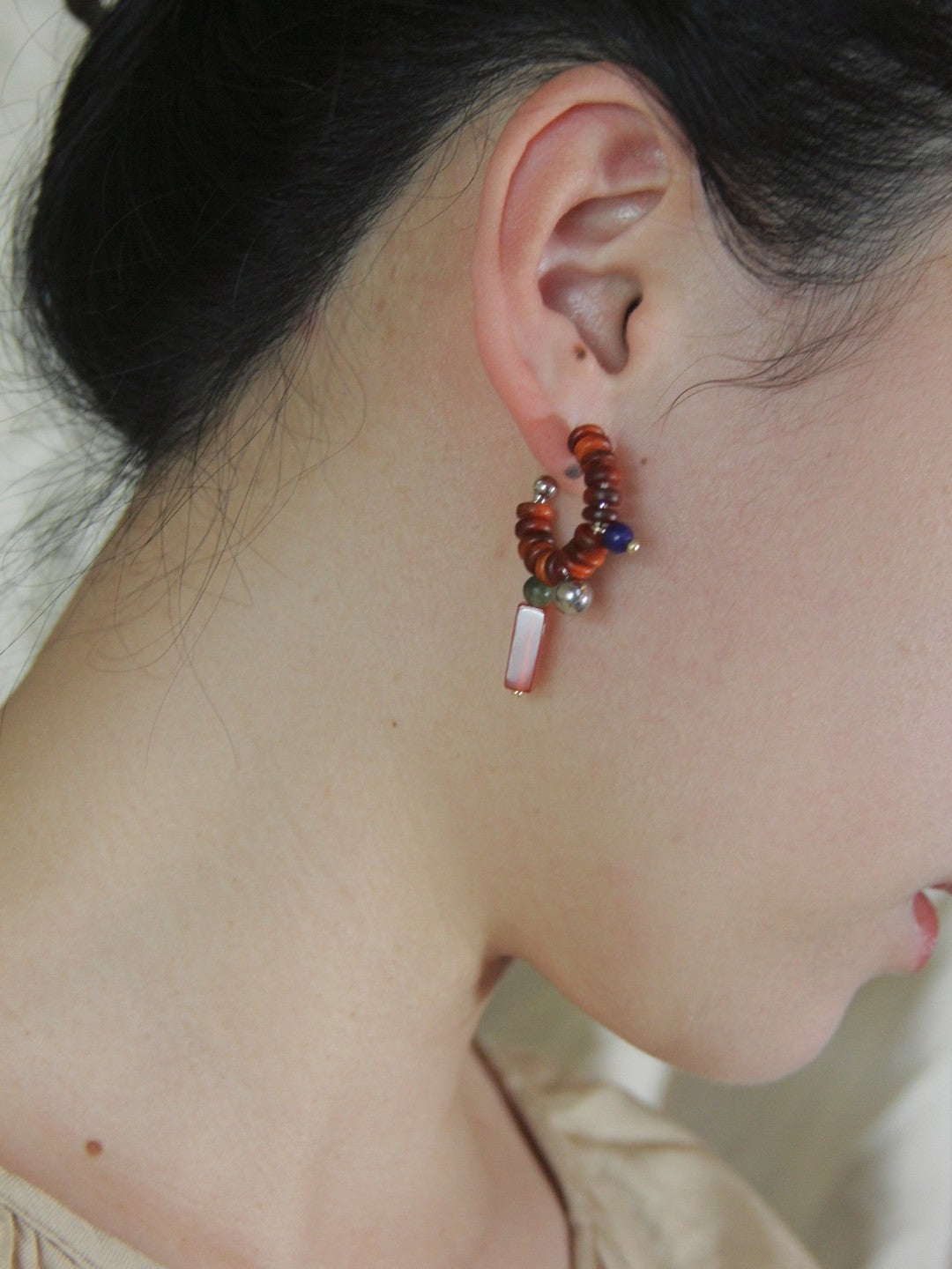 Chinoiserie Natural Jade Sandalwood Beaded Hoop Earrings,Lumivault.
