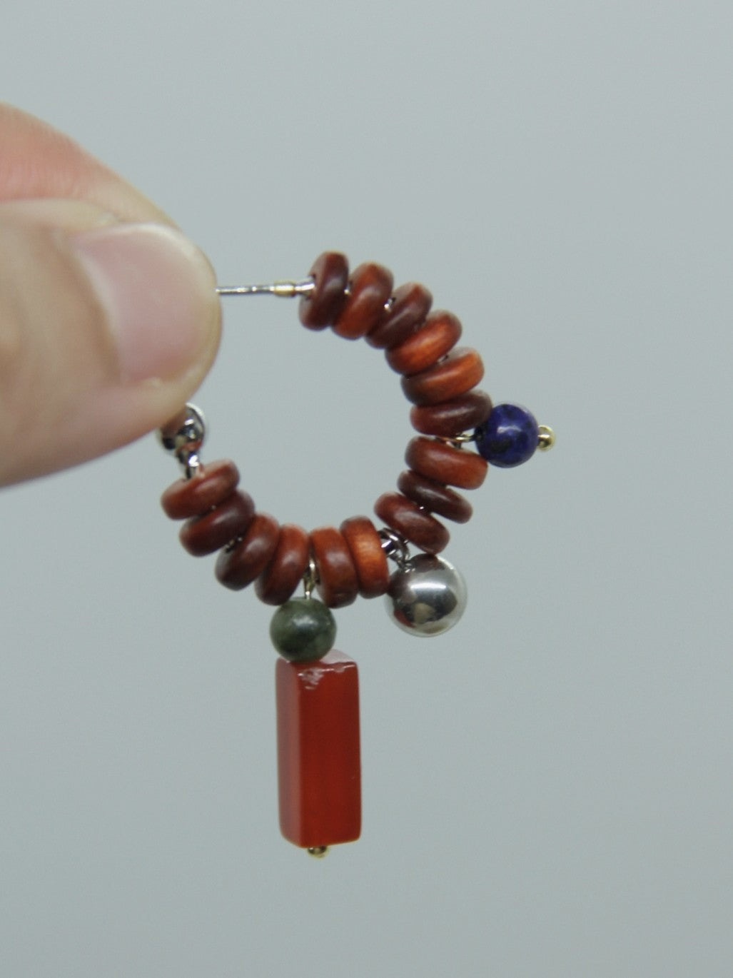 Chinoiserie Natural Jade Sandalwood Beaded Hoop Earrings