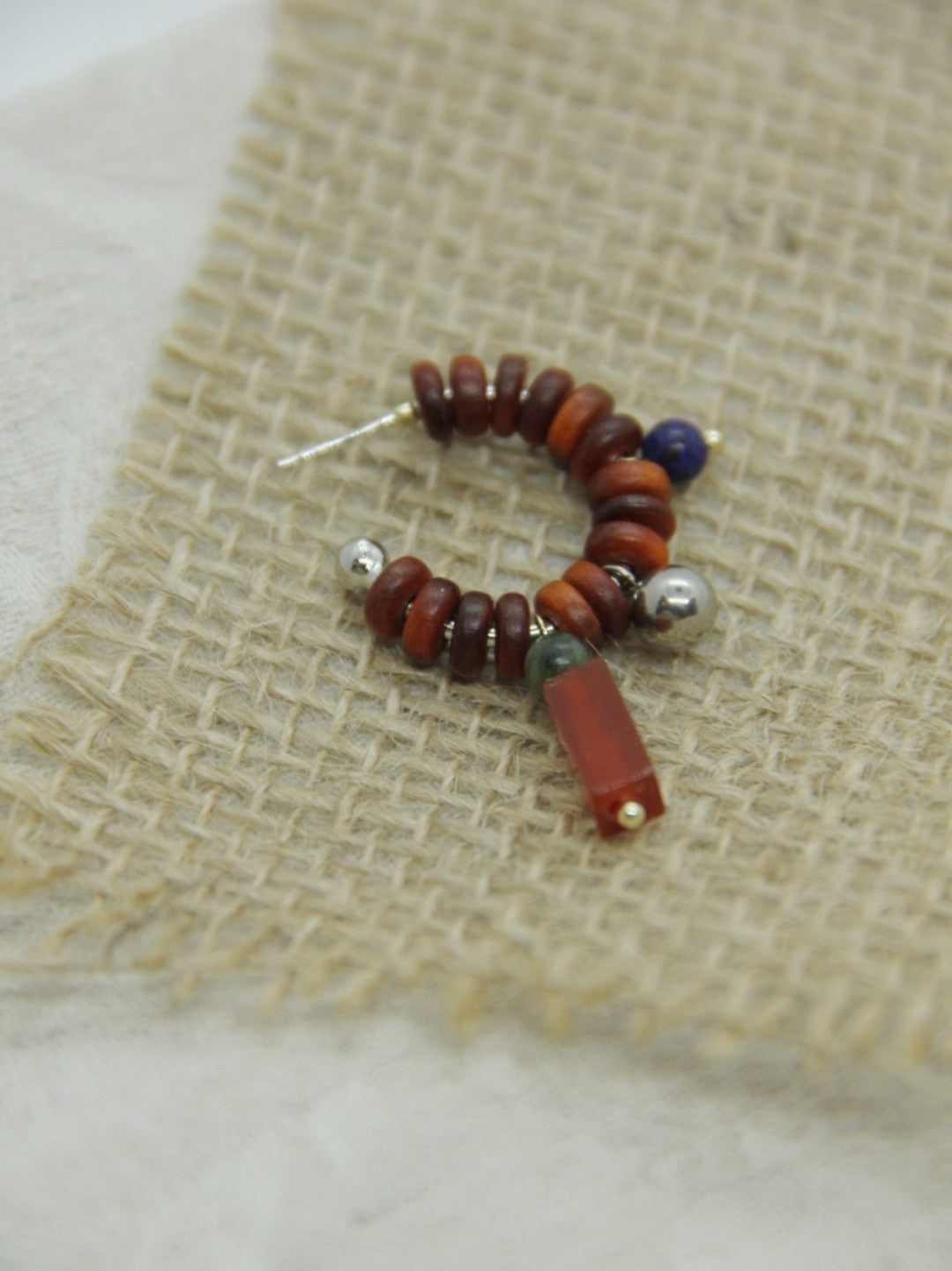 Chinoiserie Natural Jade Sandalwood Beaded Hoop Earrings