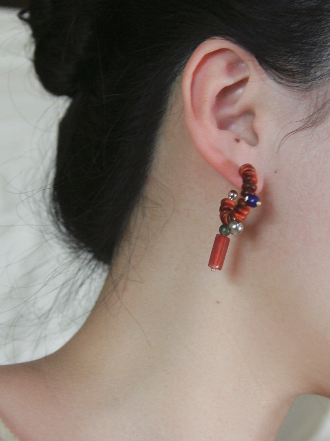 Chinoiserie Natural Jade Sandalwood Beaded Hoop Earrings,Lumivault.