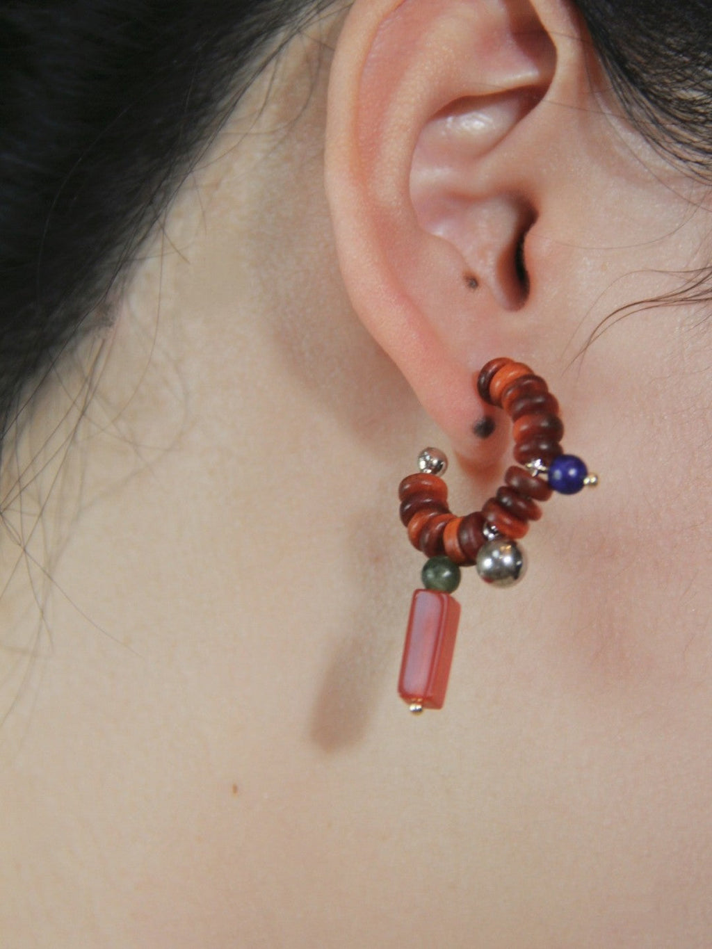 Chinoiserie Natural Jade Sandalwood Beaded Hoop Earrings,Lumivault.