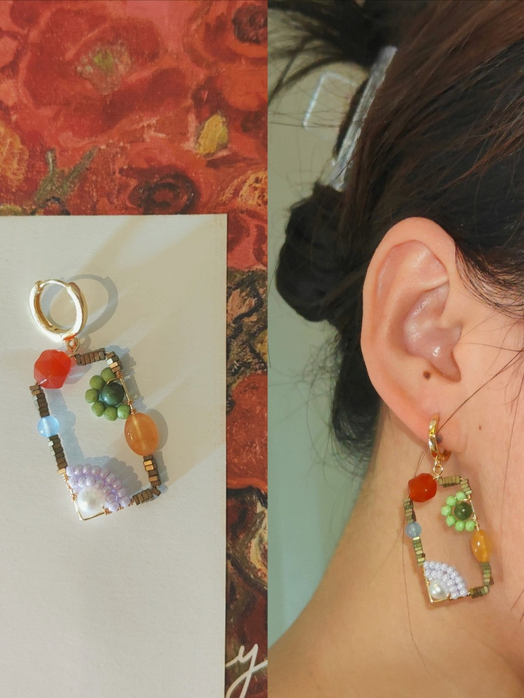 Chinoiserie Natural Jade Square Earrings,Green / Huggies,Lumivault.