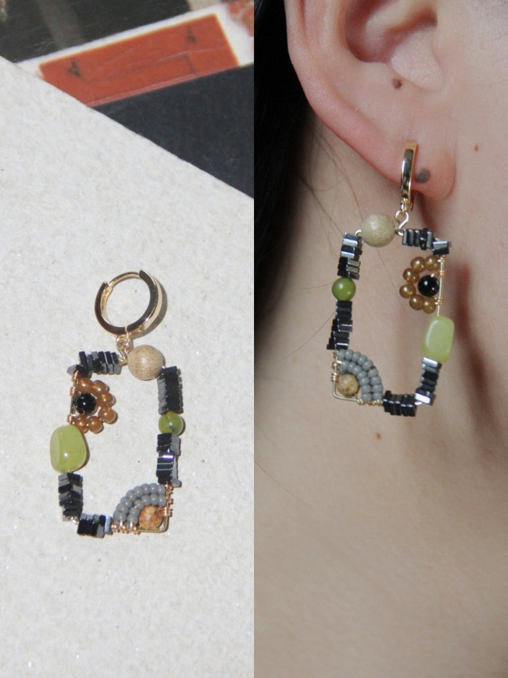 Chinoiserie Natural Jade Square Earrings,Black / Huggies,Lumivault.