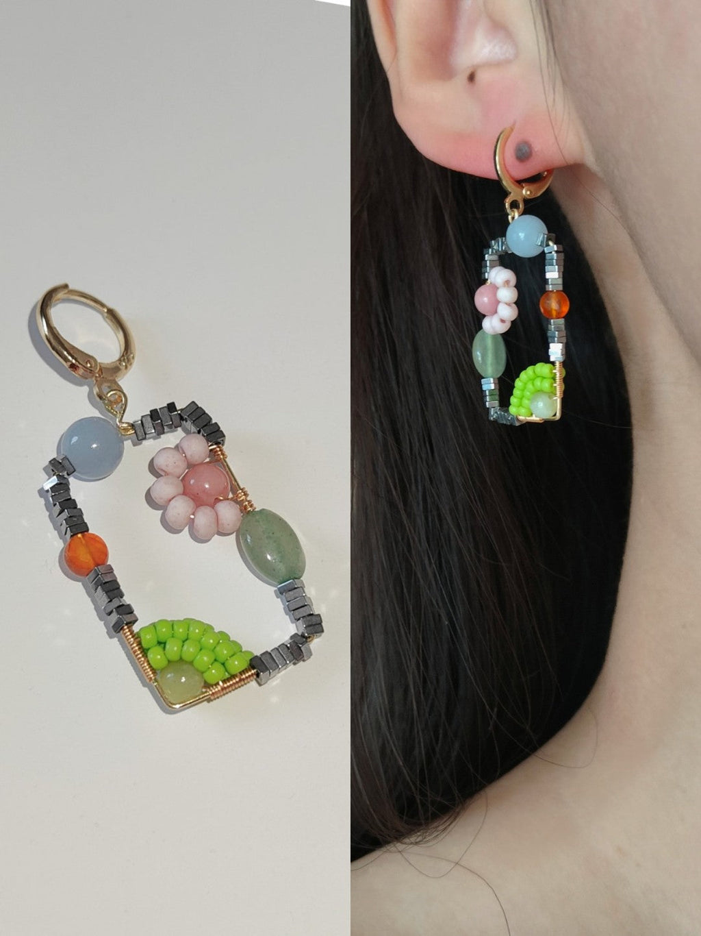 Chinoiserie Natural Jade Square Earrings,Grey / Huggies,Lumivault.