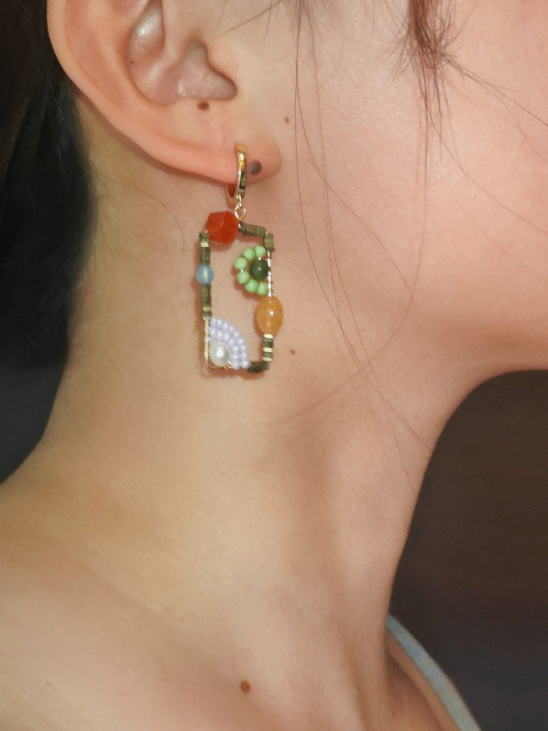 Chinoiserie Natural Jade Square Earrings,Lumivault.