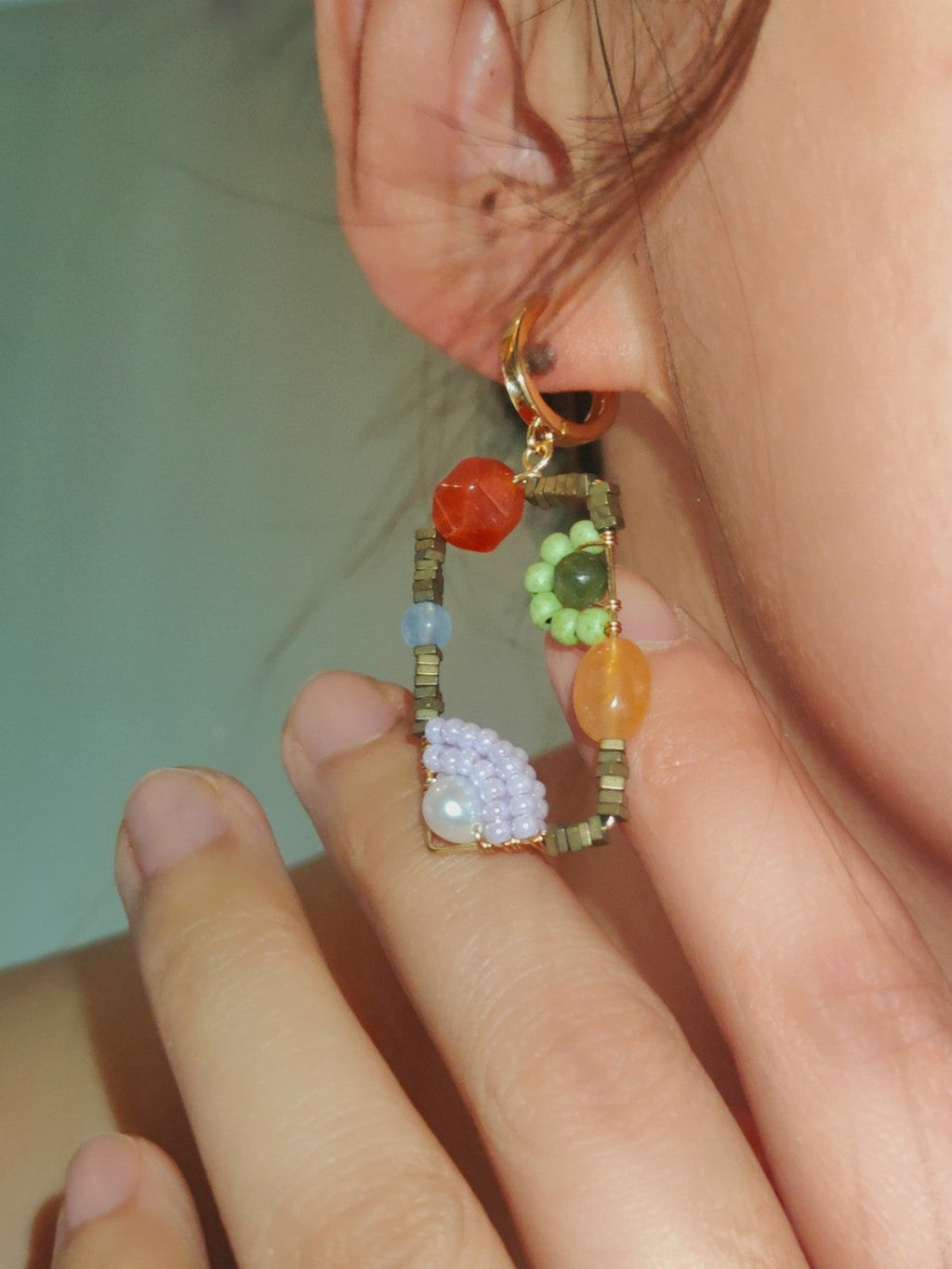 Chinoiserie Natural Jade Square Earrings,Lumivault.