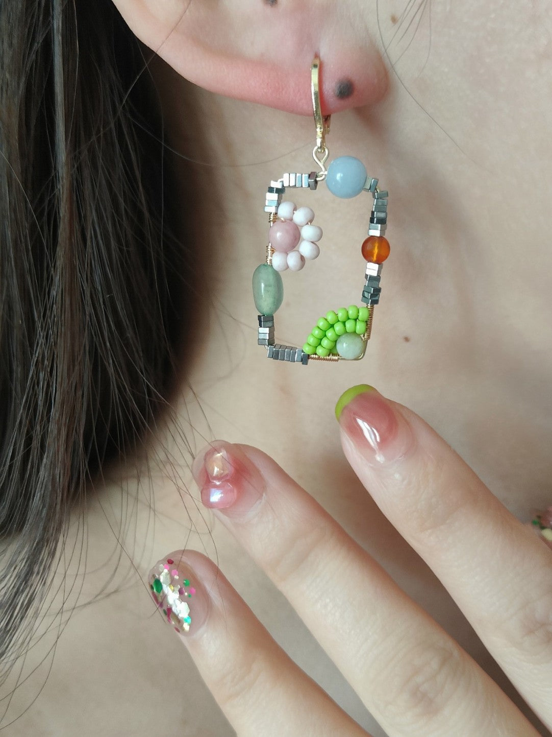 Chinoiserie Natural Jade Square Earrings,Lumivault.