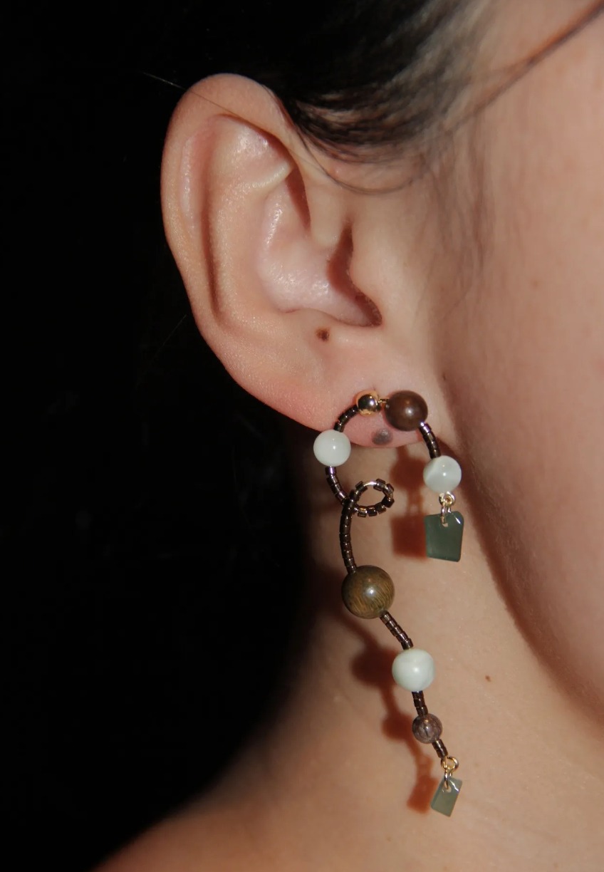Chinoiserie Natural Jade Vine Beaded Earrings,Lumivault.