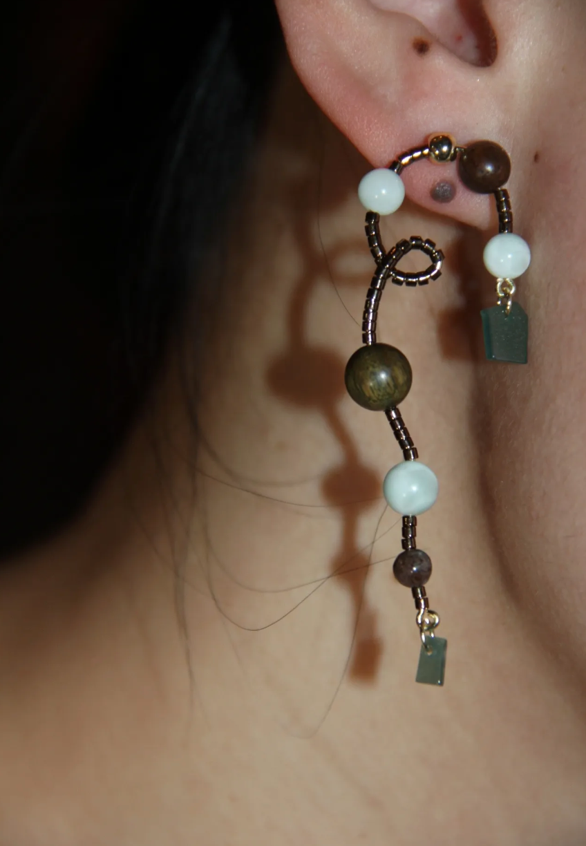 Chinoiserie Natural Jade Vine Beaded Earrings,Lumivault.