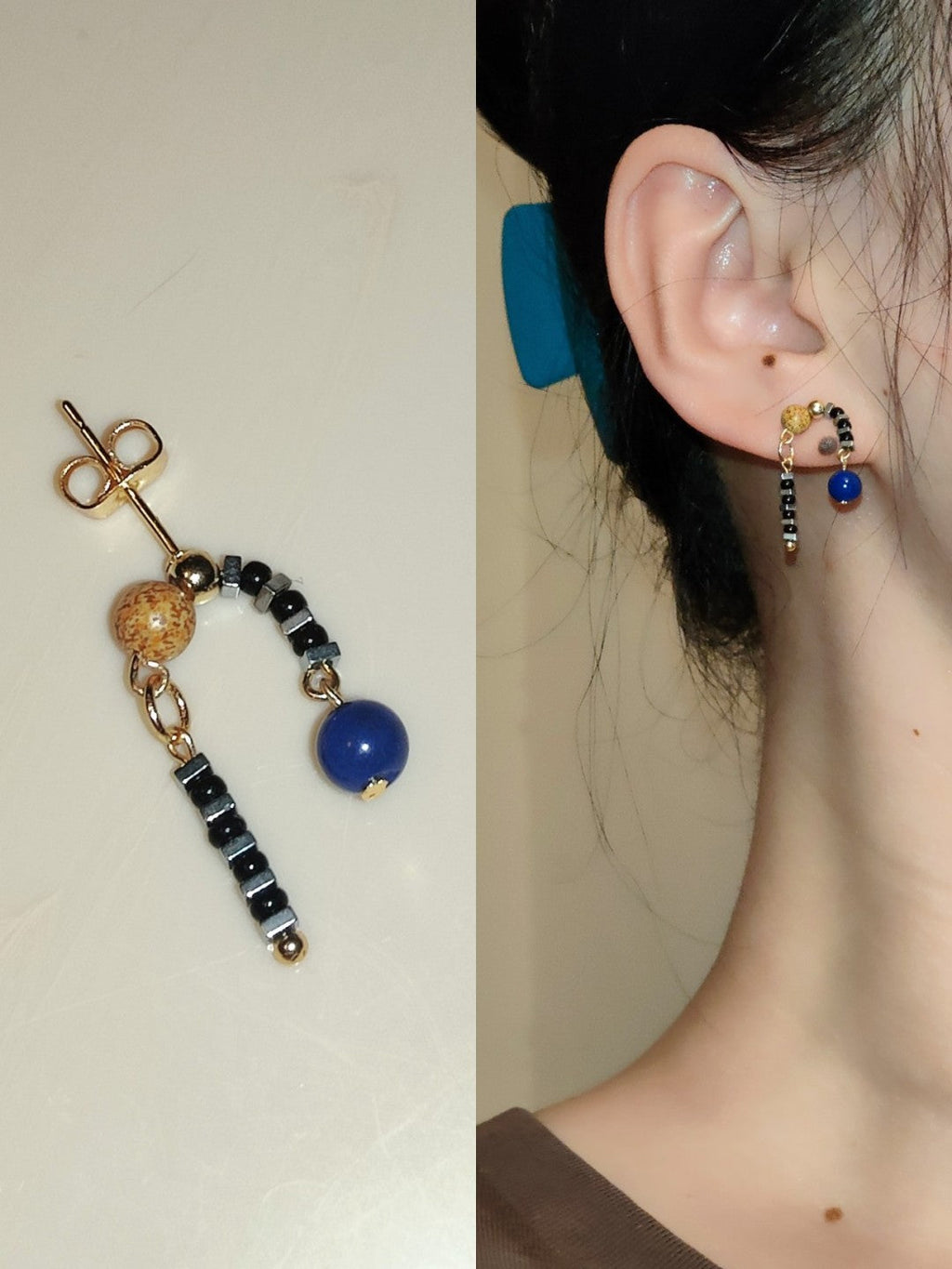 Chinoiserie Natural Lapis Lazuli Beaded Earrings,Lumivault.